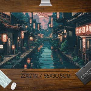 Japanese Street Pixel Art Mouse Pad, Anime Pixel Art lo-fi Aesthetic, Cute Japan Desk Mat, xl RBG LED gaming desk pad, Tokyo Mt Fuji Sun image 4