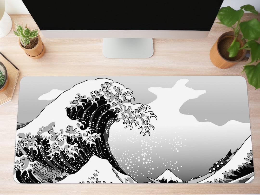 Minimalistic Manga Great Wave off Kanagawa Desk Mat, Minimalist Japanese Waves Mouse Pad, XXL
