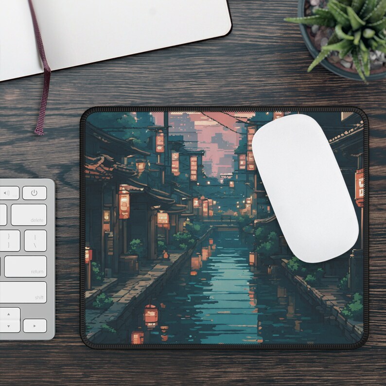 Japanese Street Pixel Art Mouse Pad, Anime Pixel Art lo-fi Aesthetic, Cute Japan Desk Mat, xl RBG LED gaming desk pad, Tokyo Mt Fuji Sun image 8