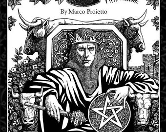 May include: Black and white illustration of a tarot card from the Bianco Nero Tarot deck. The card depicts a figure wearing a crown and robe, holding a pentagram and sitting on a throne. The figure is flanked by two bulls.