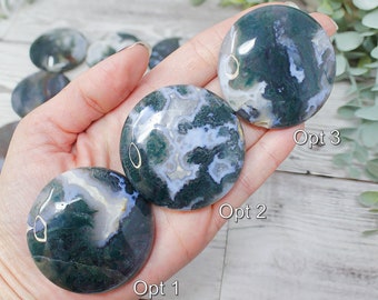 Moss Agate Palm Stone, Round Moss Agate Palm Stone, Moss Agate Disc, Worry Stone, Self Care Crystal, Healing Stone, You Choose