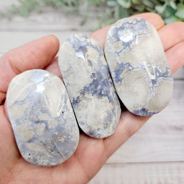 Blue Flower Agate Palm Stone, Worry Stone, Sakura Agate, Sakura Flower Agate, Cherry Blossom Flower Agate, Pocket Stone, You Choose