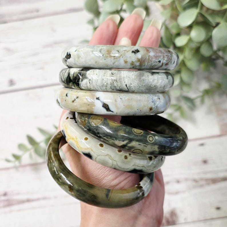 Orbicular Ocean Jasper Bangle, Gemstone Crystal Bracelet image 1