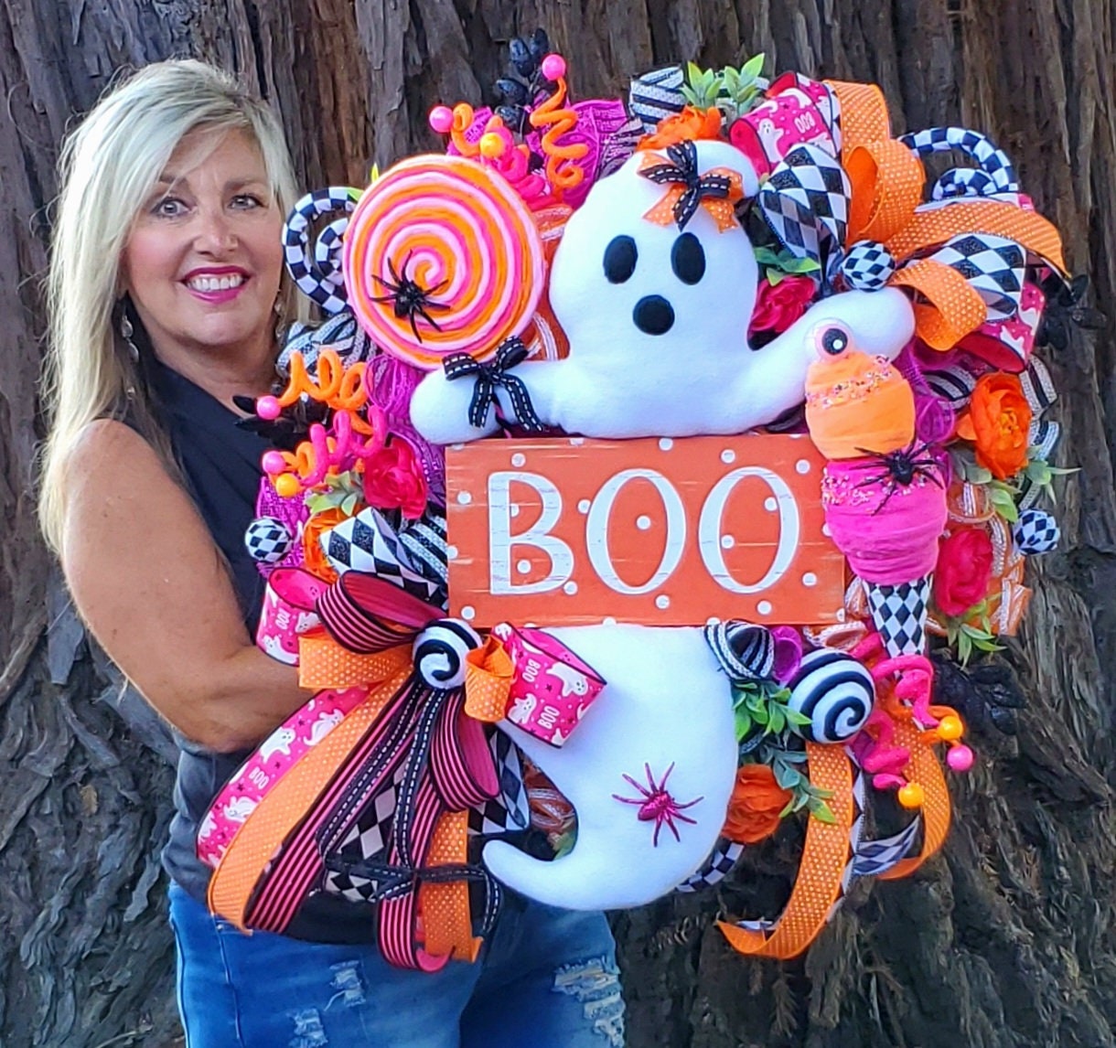 XL Pink Halloween Wreath, Boo Ghost swag, Pinkoween, Whimsical orange Candy Decor, Spooky Porch Decor,