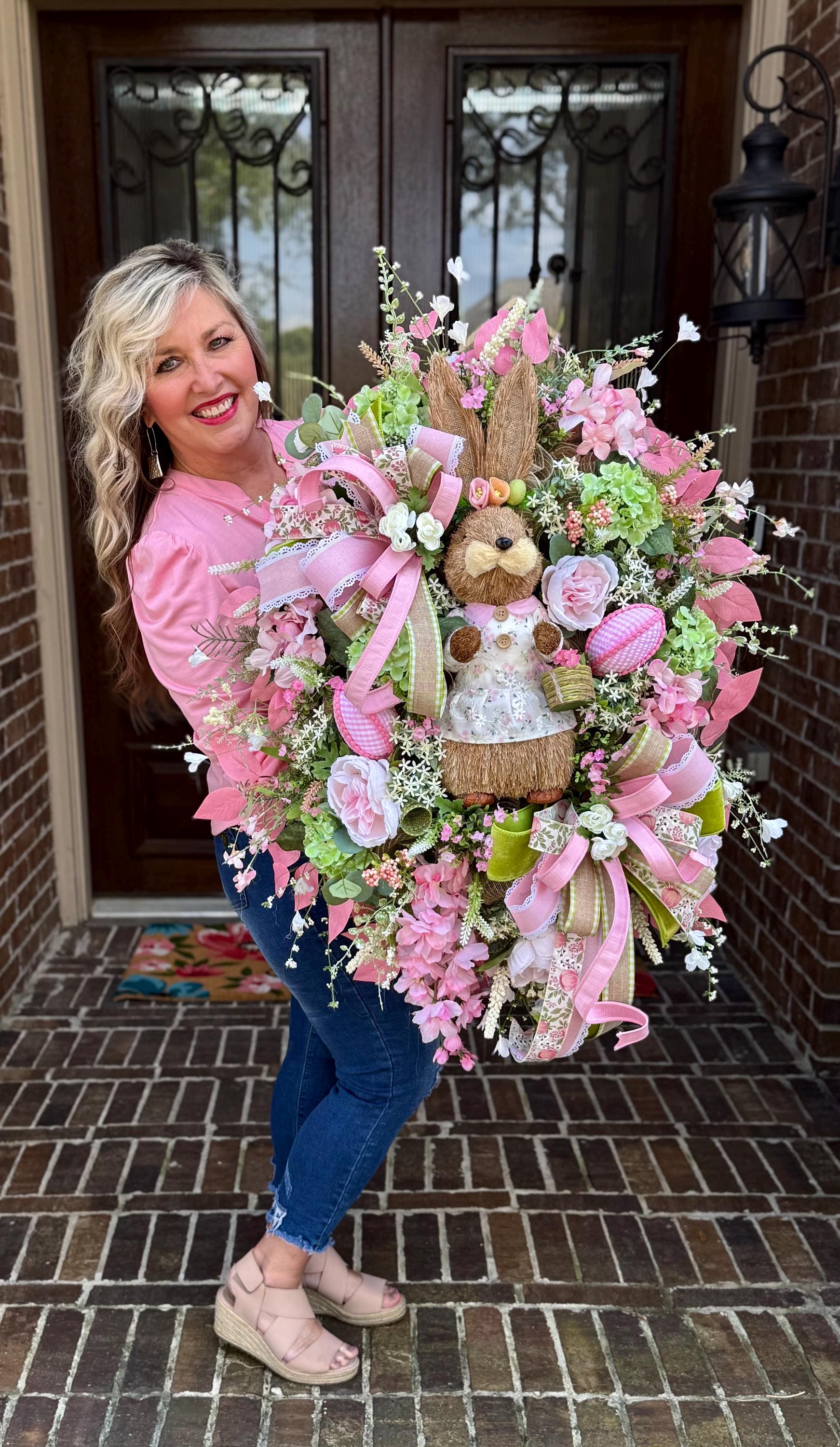 Luxury Pink & Green Easter Bunny Wreath , Designer Ribbon Spring Door ...