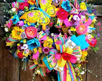 Everyday Wreath, Summer Butterfly Garden Wreath, XL Spring porch decor, Everyday Swag,  Summer Wreath for your door, Mantle decor