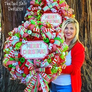 Christmas Wreath, Whimsical lime and red holiday decor, polka dots and stripes whimsy bright Christmas mantle decor