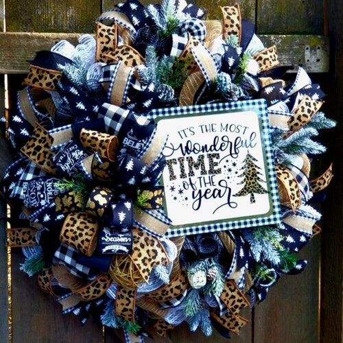 Christmas Wreath with Buffalo Check and Cheetah, black and white Christmas decor, Woodland shops Farmhouse buffalo check holiday mantle decoration