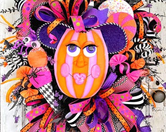 Whimsical Halloween Pumpkin Witch Wreath, Pink Orange Purple Candy Halloween Door Hanger, Glam Halloween Decor, Bougie Trick or Treat Porch