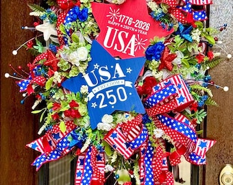 USA 250 Patriotic Wreath, America 250 Door Hanger, Red White and Blue Swag, Fourth of July Decor, Independence Day