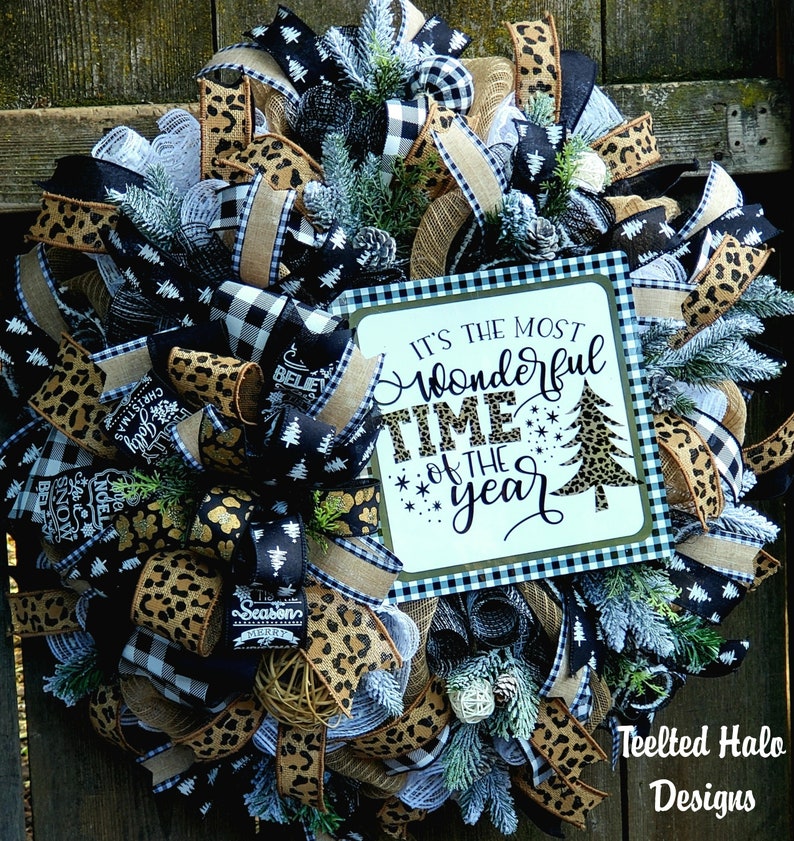 Christmas Wreath with Buffalo Check and Cheetah, black and white Christmas decor, Woodland shops Farmhouse buffalo check holiday mantle decoration