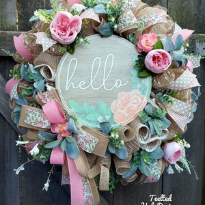 Everyday Hello Wreath for your door, Mother&#39;s Day Gift. Porch decor, Summer Peony and lambs ear wreath, Spring double door, Farmhouse decor
