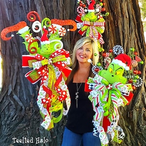 Whimsical Christmas Tree-topper, Red and Green holiday decor, Green Monster holiday Tree topper