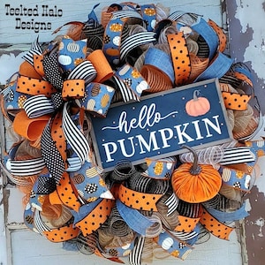 Fall Wreath with Hello Pumpkin,, Blue and Orange Farmhouse Fall porch decor, Autumn Wreath, Halloween Decor, Fall Decoration