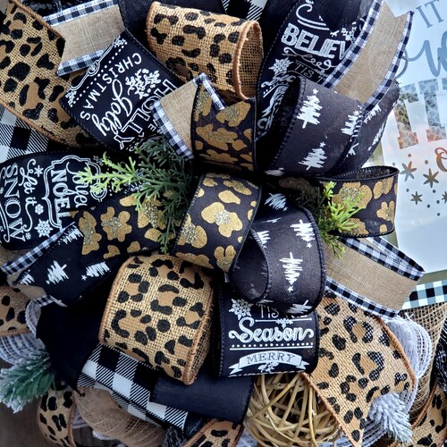 Christmas Wreath with Buffalo Check shops and Cheetah, black and white Christmas decor, Woodland Farmhouse buffalo check holiday mantle decoration
