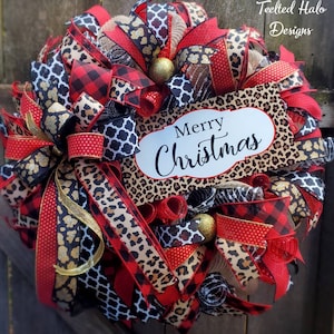 Christmas Wreath with cheetah, Leopard, red, gold  and black holiday mantle decor, Christmas Glam decor, Red and gold Christmas decoration