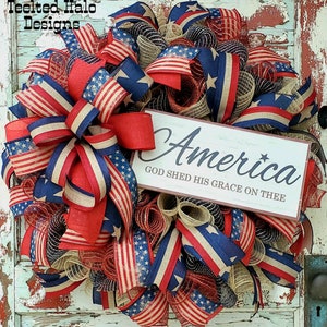 Patriotic Wreath, Americana Wreath for front door, 4th of July, Mesh Wreath, Summer Wreath