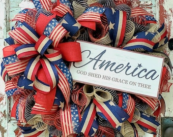Patriotic Wreath, Americana Wreath for front door, 4th of July, Mesh Wreath, Summer Wreath