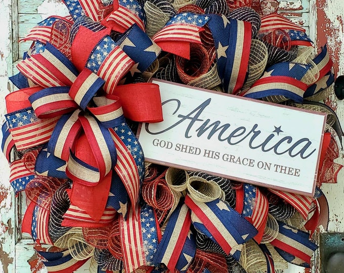 Patriotic Wreath, Americana Wreath for Front Door, 4th of July, Mesh ...