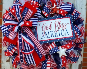 XL Patriotic Wreath, 30-inch American Flag Wreath for front door, 4th of July, Memorial Day Wreath, Summer Wreath, Stars and Stripes