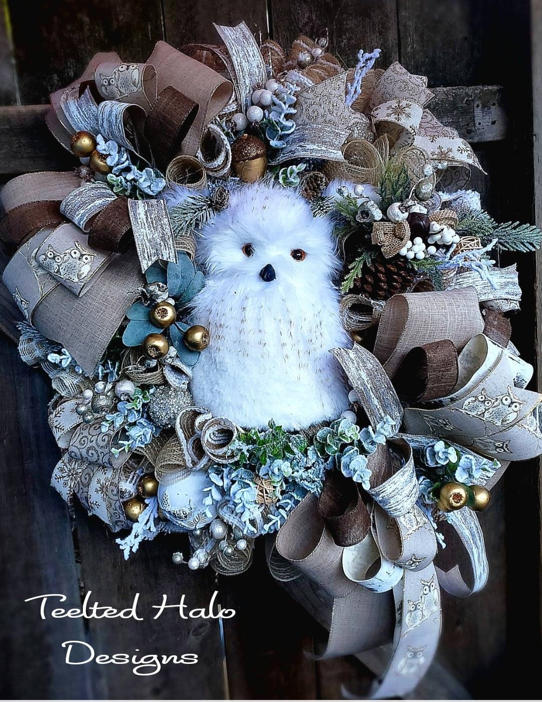 Winter Owl Wreath Christmas Woodland Owl Swag Glam Snowy Owl Etsy