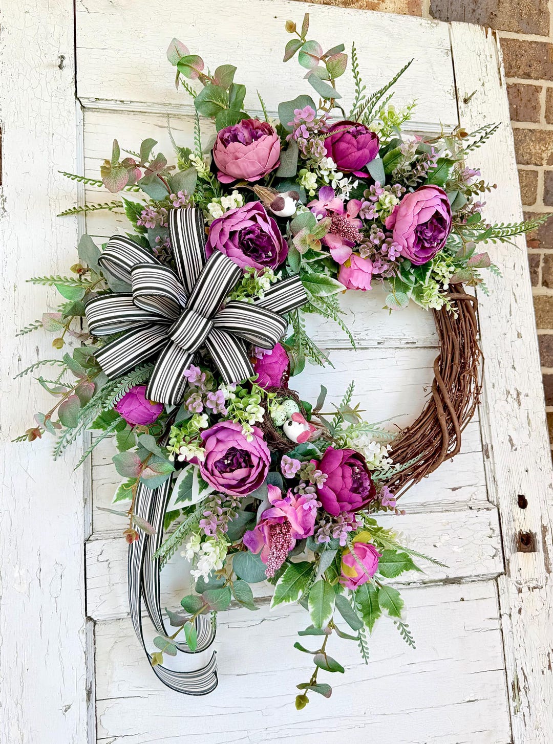 Spring Bird Nest Wreath With Pink Purple Peonies, Black and White ...