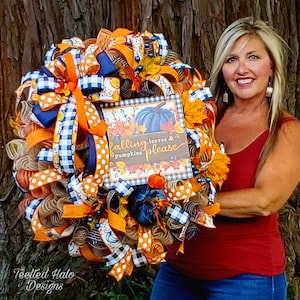 Fall Wreath, Fall Leaves, Blue and orange Autumn porch decor, Fall Mantle Decor, Pumpkin Buffalo Check Farmhouse decoration