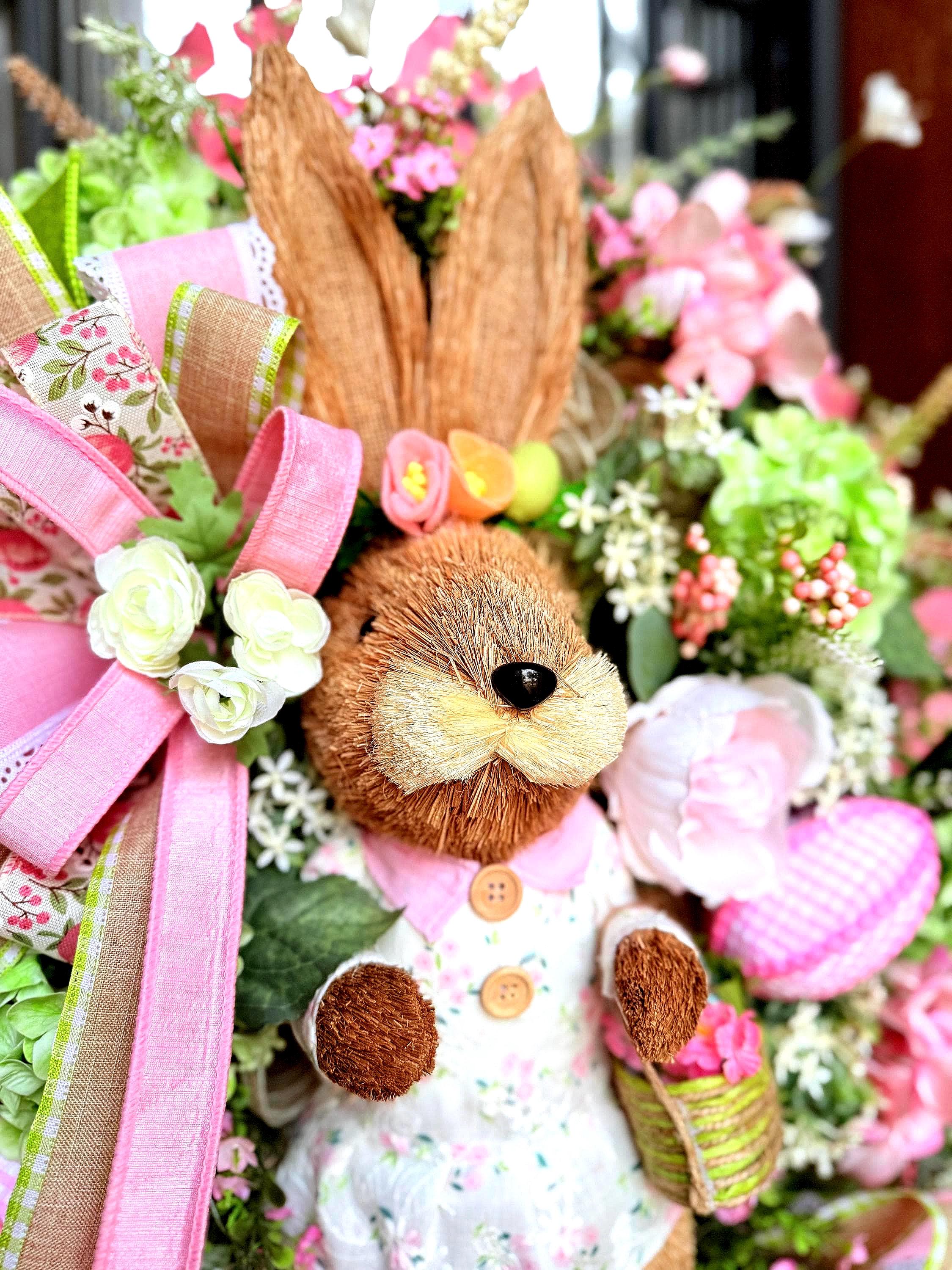 Luxury Pink & Green Easter Bunny Wreath , Designer Ribbon Spring Door ...