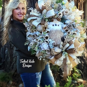 Winter Owl Wreath, Christmas Woodland Owl Swag, Glam snowy owl holiday decor, Rustic Glam Winter Porch decor, Woody Holiday Swag