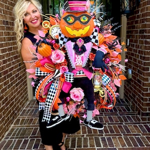 Glam Halloween Wreath, Sir Autumn Rose Hallow Front Door swag, Pink Luxury Pumpkin porch Decor, Elegant Fall display