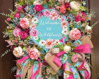 Precious Baby wreath, personalized welcome baby, wildflower baby gift, Baby shower decoration