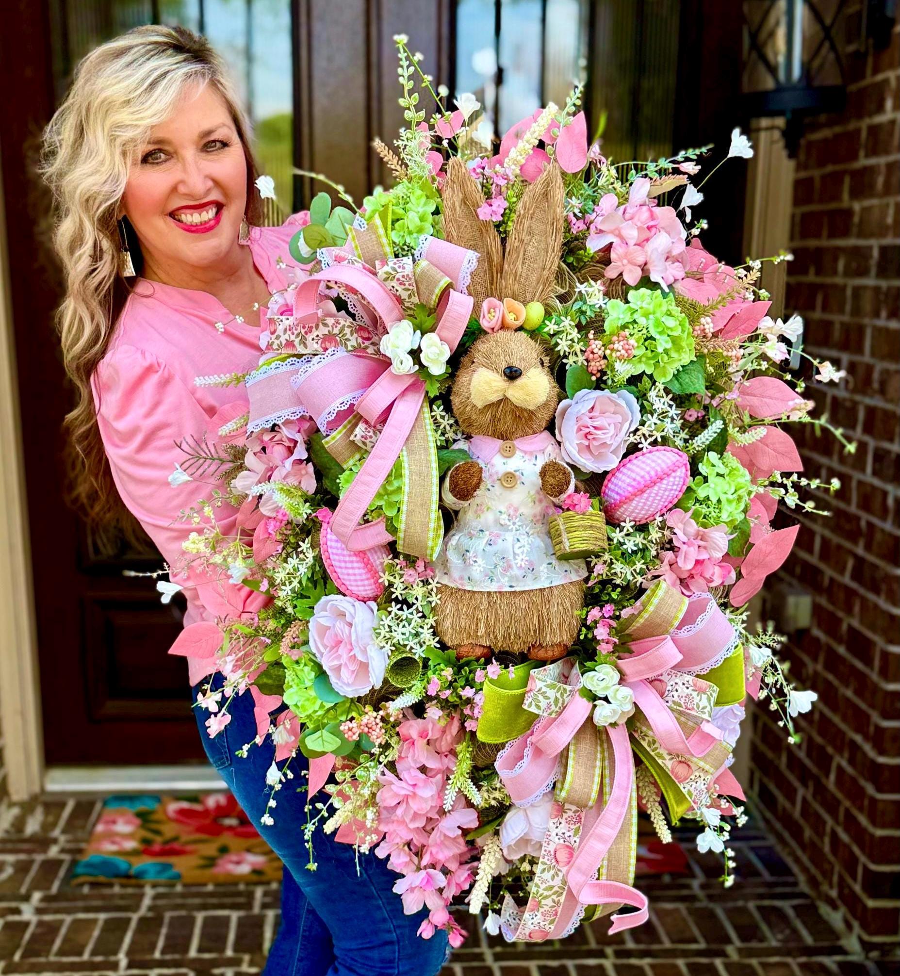 Luxury Pink & Green Easter Bunny Wreath , Designer Ribbon Spring Door ...
