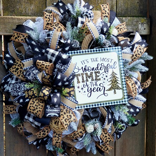 Christmas Wreath with Buffalo Check and Cheetah, black and white Christmas decor, Woodland shops Farmhouse buffalo check holiday mantle decoration