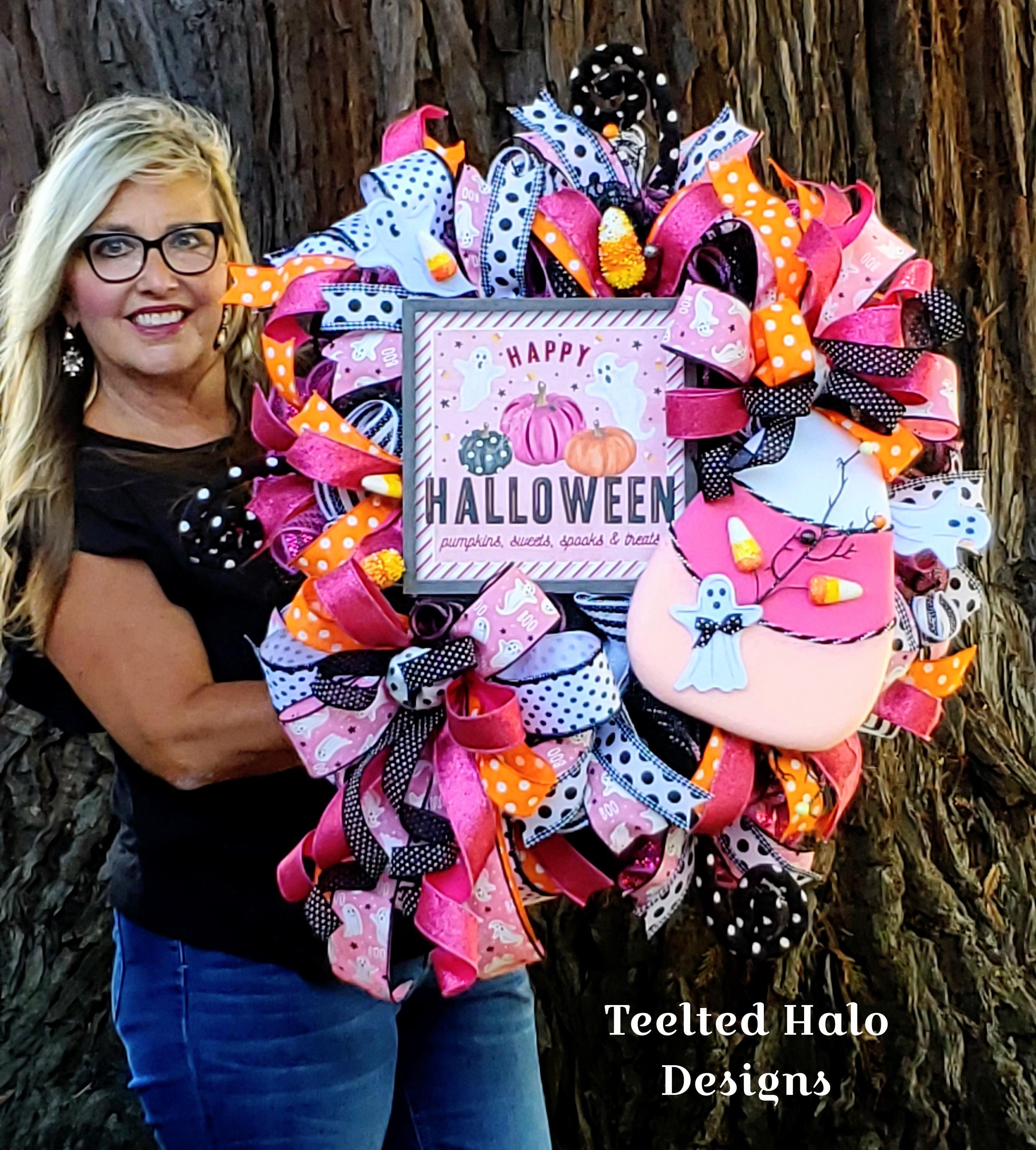 XL Pink Candycorn Halloween Wreath, Ghost swag, Pink and orange glitter Trick or treat decoration, Whimsical orange Candy Decor,