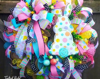 Spring Door Wreath, Bunny Wreath,  Easter decoration, Spring Decor, Spring Mantle Decor, polka dot Easter gift, Spring double doors