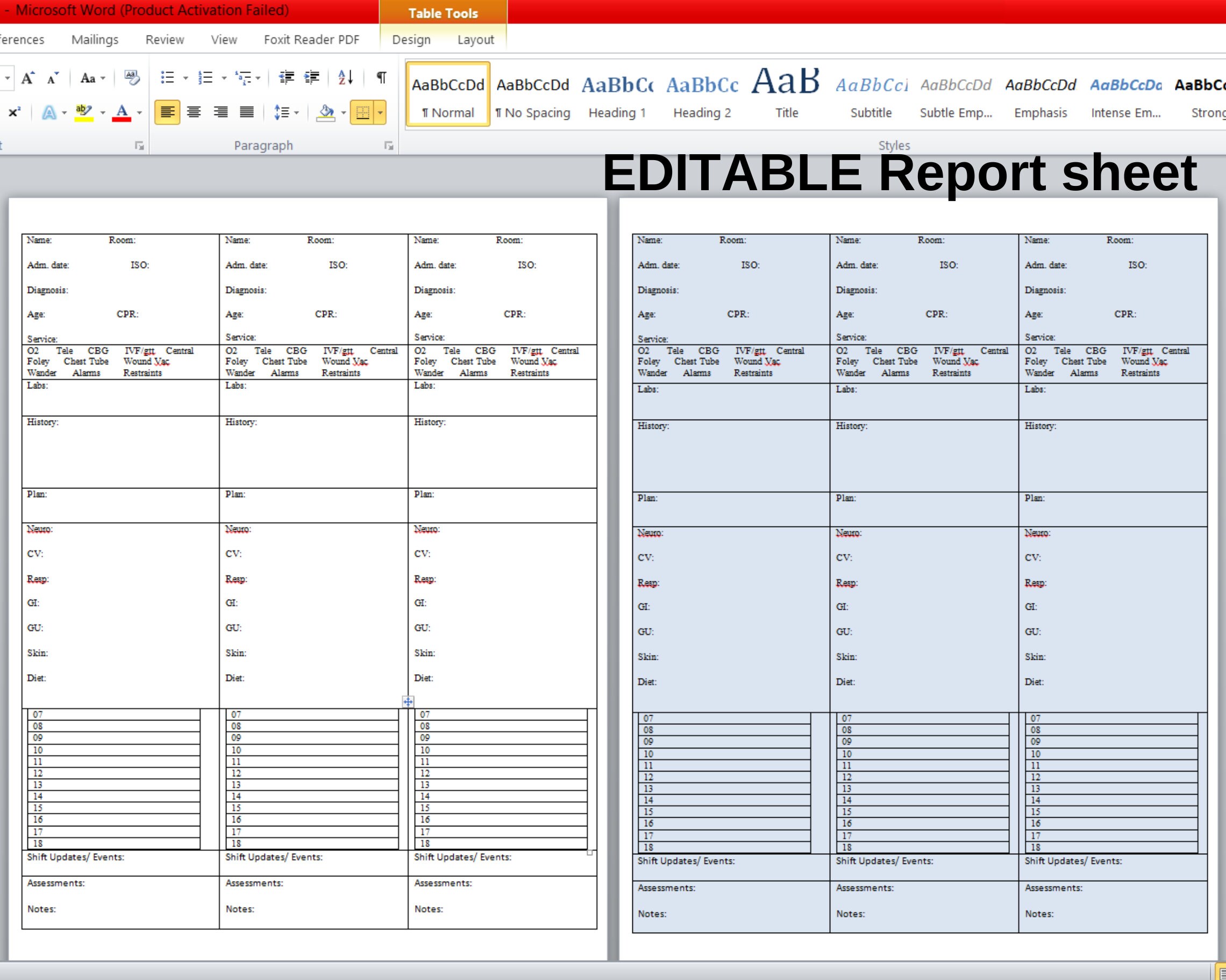 3 Patients Med Surg Telemetry Step Down Nurse Report Sheet, Day & Night