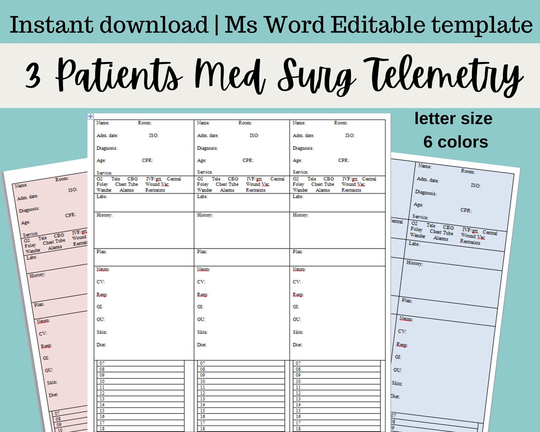 3 Patients Med Surg Telemetry Step Down Nurse Report Sheet, Day & Night