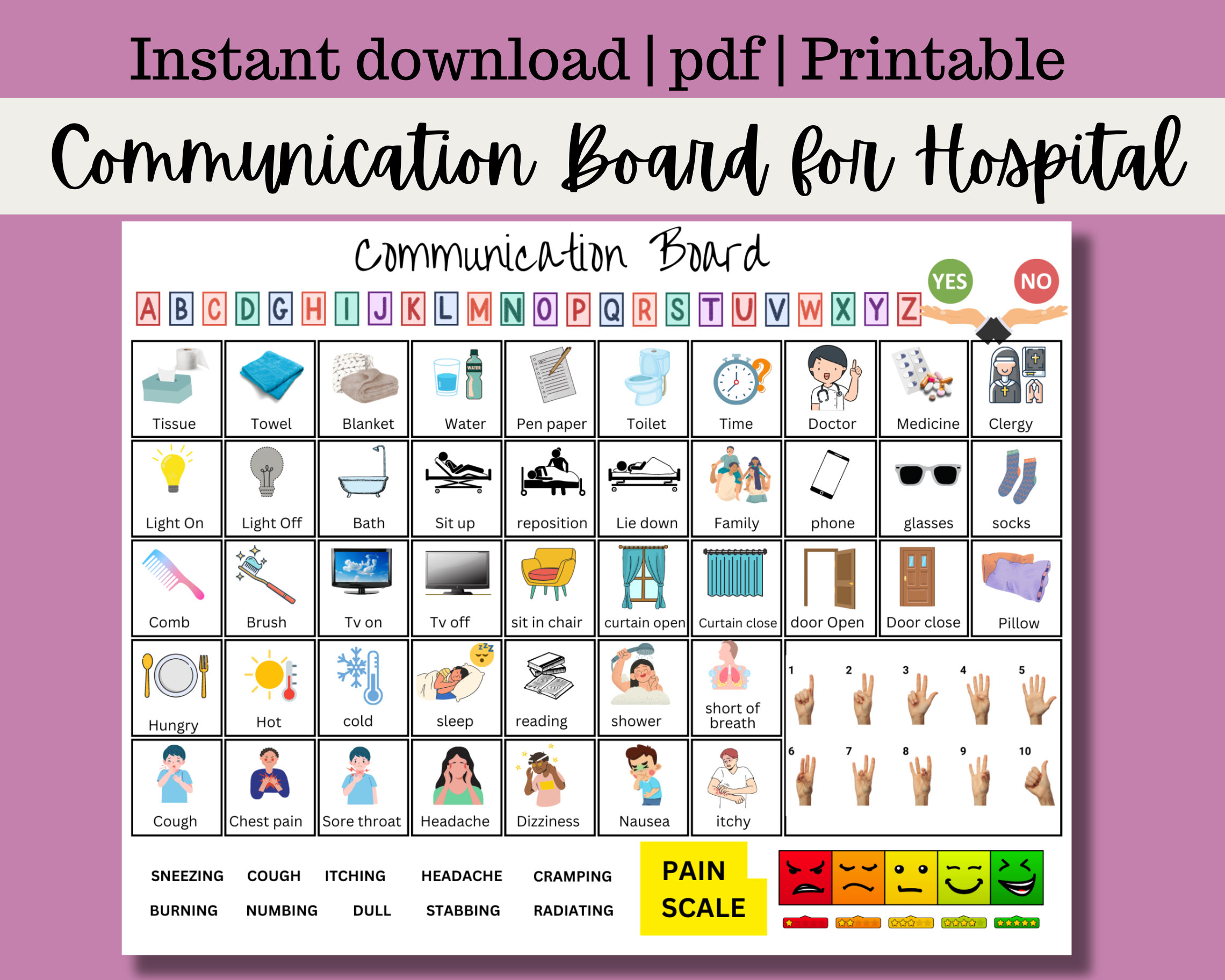 Communication Board for Hospital, Resident Care, or Home Setting to