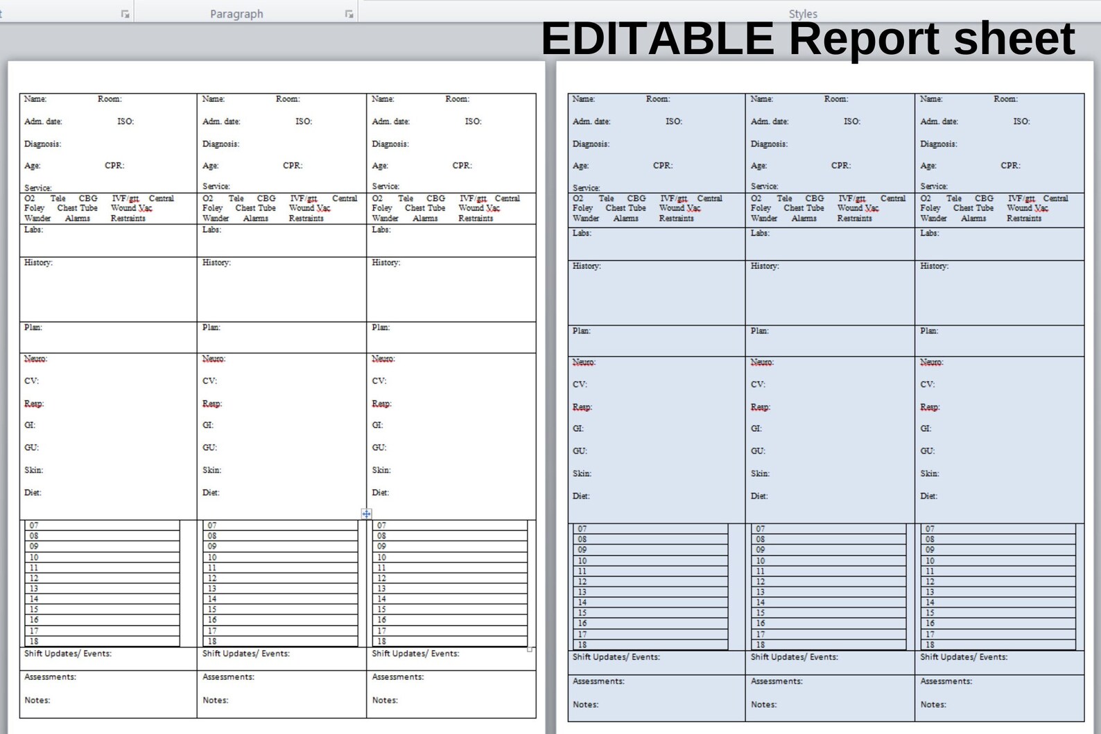 3 Patients Med Surg Telemetry Step Down Nurse Report Sheet, Day & Night
