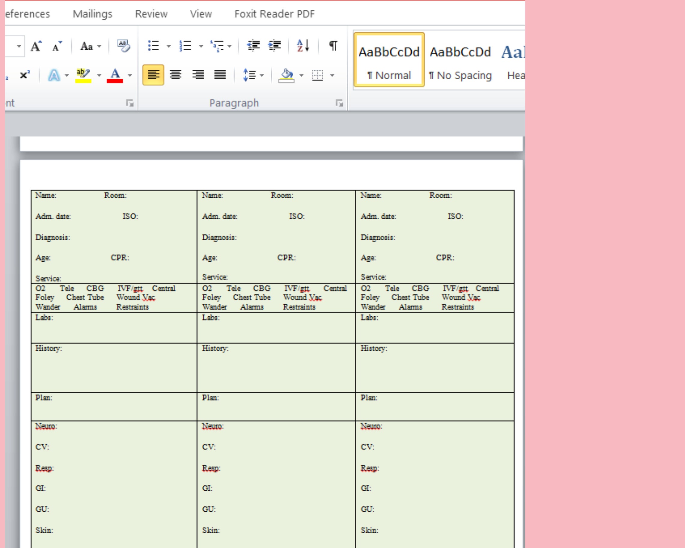 3 Patients Med Surg Telemetry Step Down Nurse Report Sheet, Day & Night