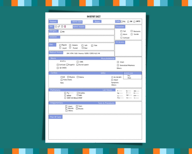 Nurse Report Sheet RN Report Sheet ICU Report Sheet Printable Nursing