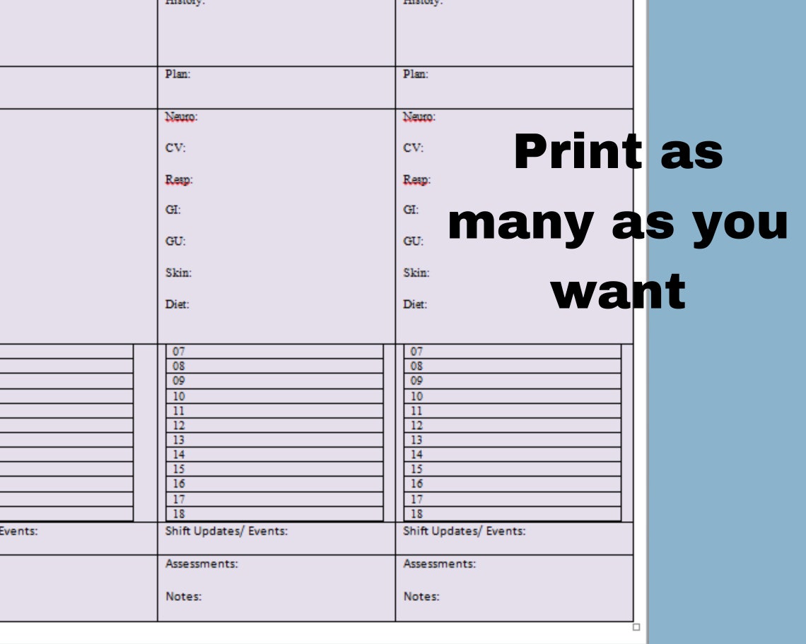 3 Patients Med Surg Telemetry Step Down Nurse Report Sheet, Day & Night