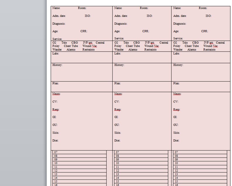3 Patients Med Surg Telemetry Step Down Nurse Report Sheet, Day & Night