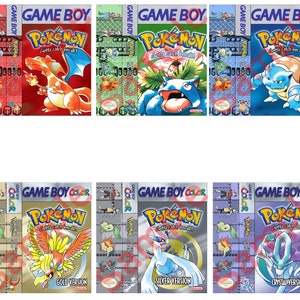 May include: A collection of eight vintage Game Boy and Game Boy Color cartridges for the Pokemon video game series. The cartridges feature different Pokemon characters, including Charizard, Blastoise, Venusaur, Pikachu, Entei, Raikou, Suicune, and Lugia. The cartridges are in their original packaging and are in good condition.
