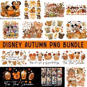 Puede incluir: Una colección digital de gráficos otoñales de Disney con personajes como Mickey, Minnie y Donald, junto con calabazas, follaje otoñal, tazas de café y elementos de texto como Autumn Leaves & Coffee Please y Fall Vibes on Main Street.