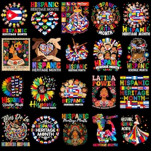 May include: A collection of twenty graphic designs celebrating Hispanic Heritage Month on a black background. The illustrations feature diverse figures in traditional clothing, sunflowers, hearts, and flags from various Hispanic nations with text.