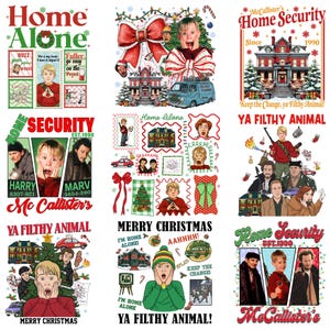 Peut inclure: Un ensemble de neuf motifs graphiques illustrant les personnages du film Maman, j'ai raté l'avion, la maison des McCallister et des thèmes de Noël. Le texte inclut Home Alone, Home Security, Merry Christmas et Ya Filthy Animal avec Kevin, Harry et Marv.