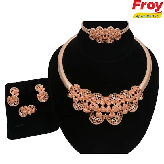Rose Gold Filigree Jewelry Set Necklace, Earrings, Bracelet