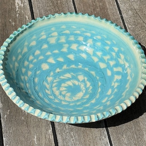 Small Handmade Blue & White Ceramic Bowl,  Slip Chattered Inside, Textured Rim
