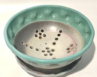 Turquoise and White Ceramic Berry Bowl with Bumpy Ruffled Rim
